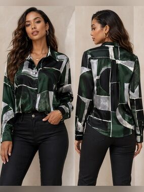 Ralph Lauren Green and Black Geometric Button-Down Shirt